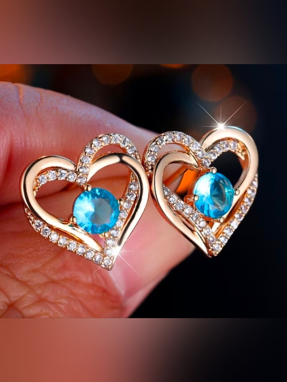 $8 Each Or Bundle 5/$20 Gold Heart Halo Stud Earrings with Blue Gemstone